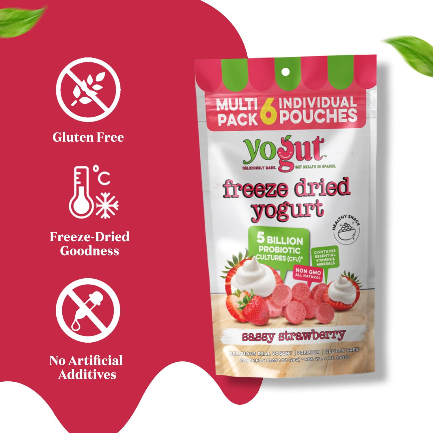 YoGut Freeze-Dried Strawberry Yogurt Bites, Crunchy Snack with Probiotics, Gluten-Free, Non-GMO, 6 Pack for Kids & Adults