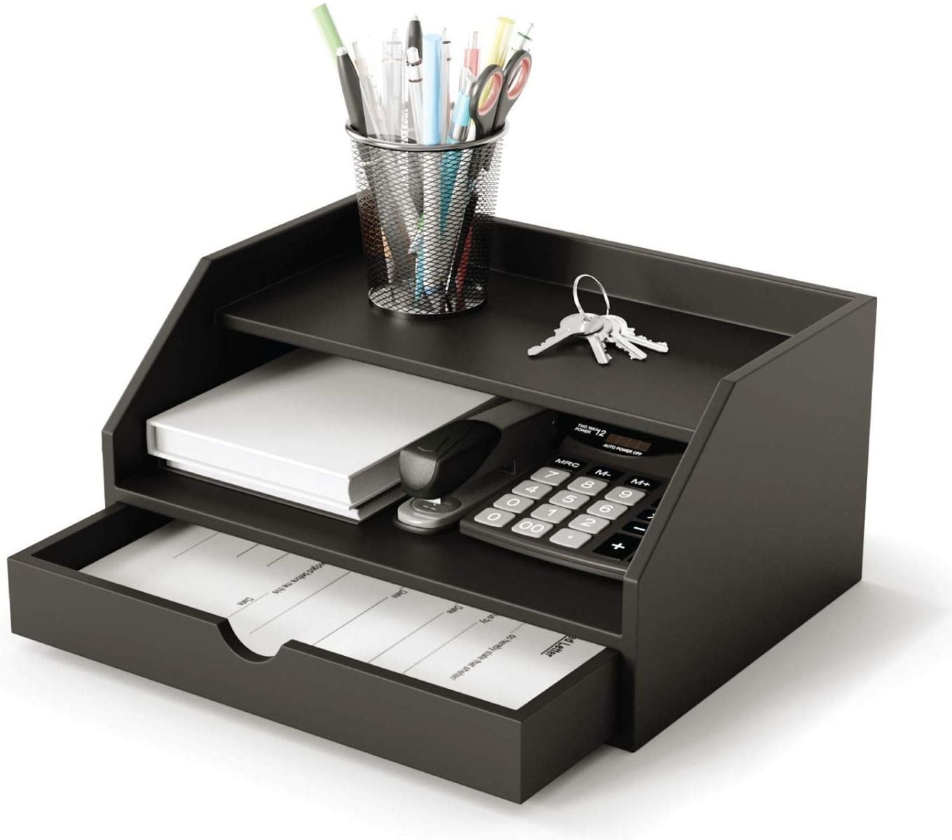 Ballucci Desk Organizer with Drawer, 3 Tier Paper File Holder and Mail Sorter, Black