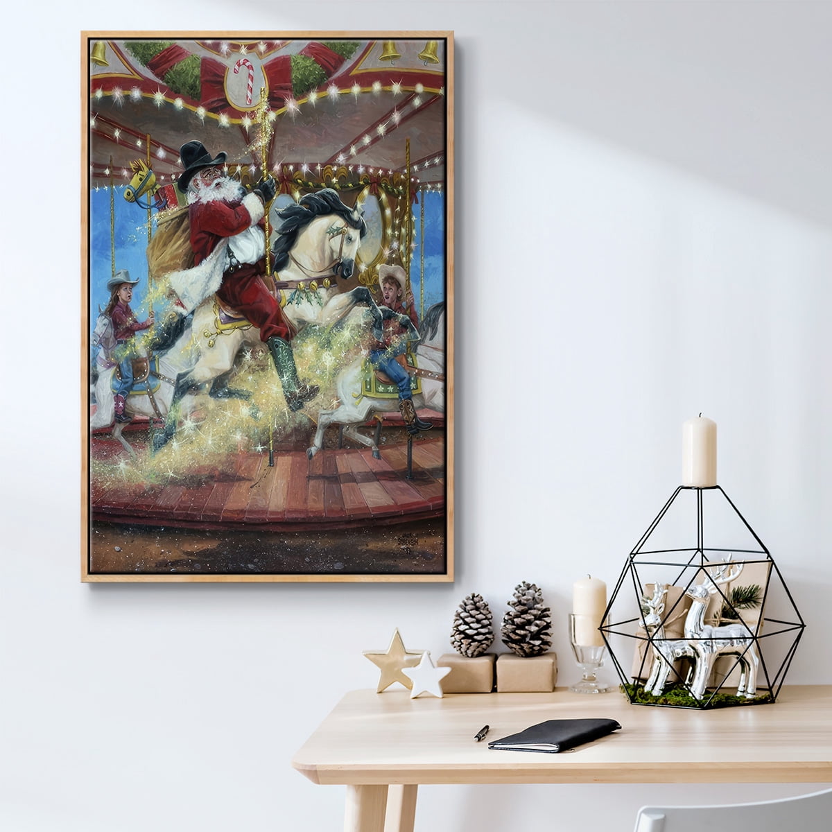 Merry Go Round - Framed Gallery Wrapped Holiday Canvas - 27 x 41 - Natural Wood Frame