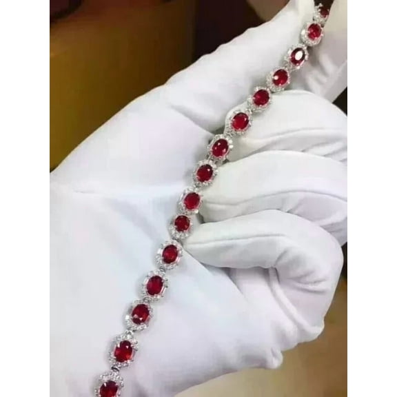 8Ct Oval Cut Lab Created Red Ruby Women's Halo Tennis Bracelet 14K White Gold Plated