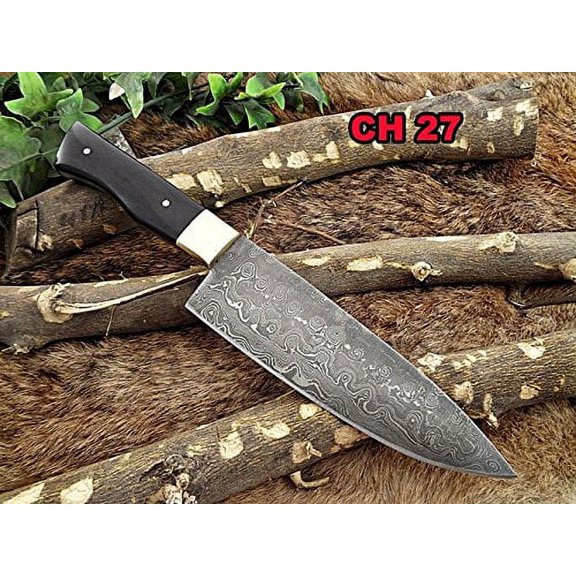 Damascus Steel kitchen Knife 10 Inches full tang 5.5" long Hand Forged blade, Bull horn and brass bolster scale