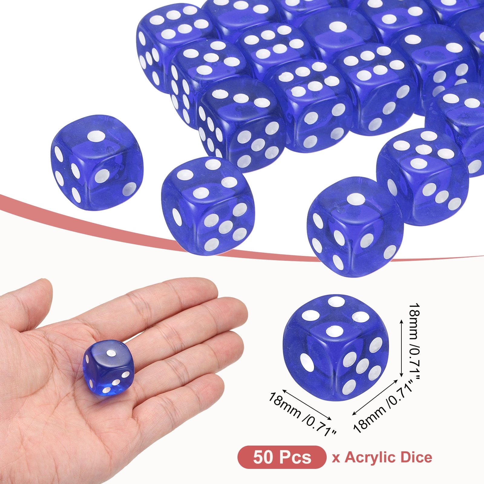 50Pack 6 Sided Acrylic Dice, 18mm/0.71" Rounded Corner Translucent Colored D6 Game Dice for Theme Party Fun Table Board Games, Blue