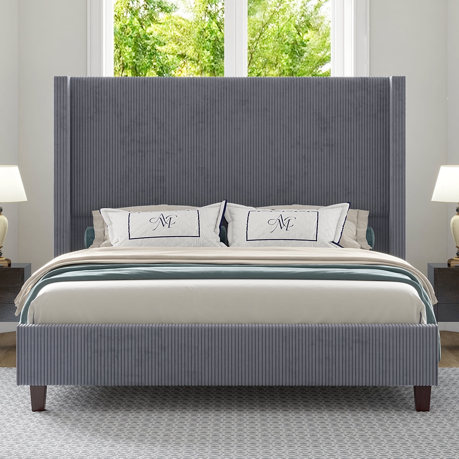 VanAcc King Size 61" Corduroy Upholstered Bed Frame with Vertical Stripe Wingback Headboard/Grey