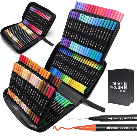 120 Colors Duo Tip Brush Markers Art Pen Set, Fine Brush Tip Colored Pens Set with Canvas Bag,Adult Coloring Books Drawing Sketching Calligraphy