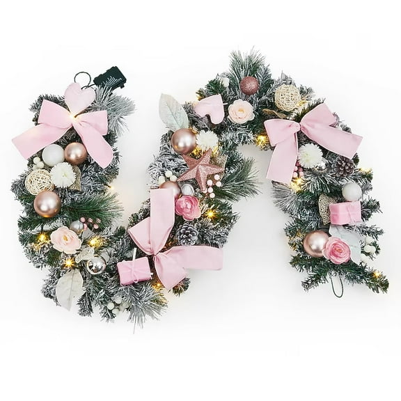 Guvpev 6FT Christmas Garland with Lights Holiday Accent Door Garland with Pink Bows Colorful Balls for Indoor Outdoor Gatherings Parties