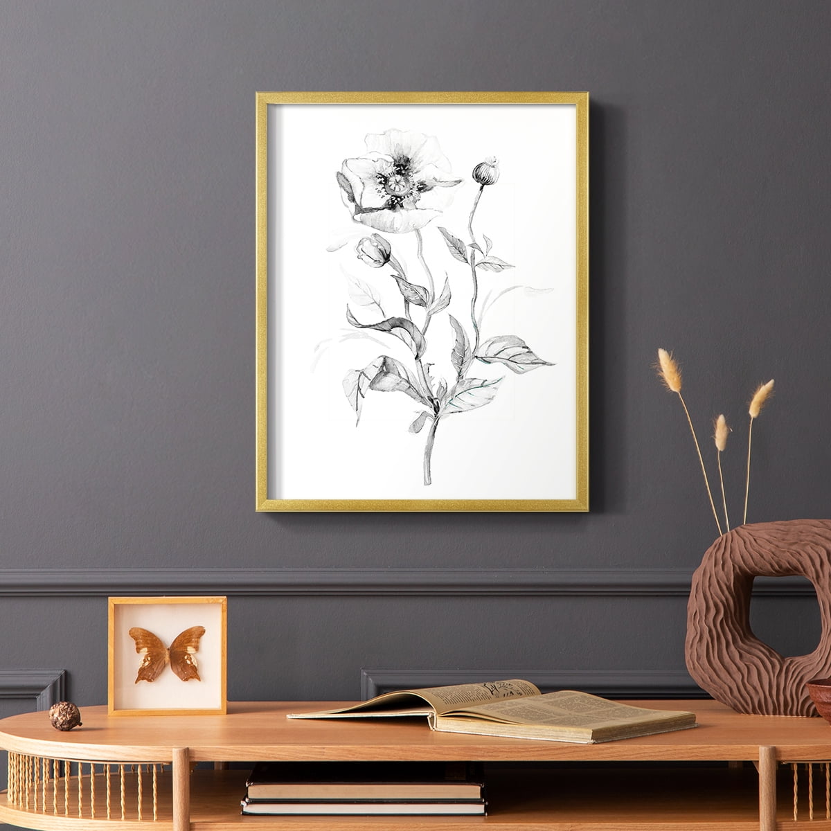 Wild Poppy Sketch Framed Print in Gold Solid Wood 11 x 14 Framed Print