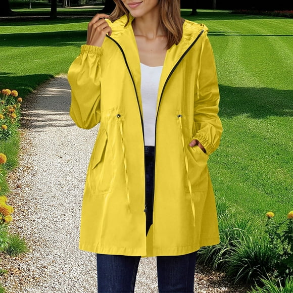 RBCKVXZ Women's Rain Jacket Oversize Long Raincoat Lightweight Zip Up Hooded Windbreaker Waterproof Jackets with Pockets Yellow S