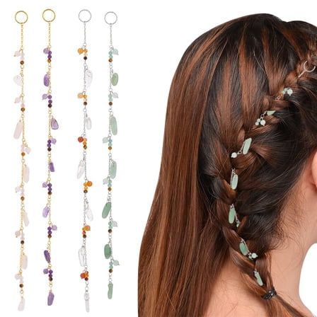 4pcs Gemstone Round & Chip Hair Pendants Decoration Chain Clips with Iron Findings Platinum & Golden 320~338mm