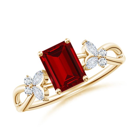 ANGARA Lab Grown 1 Ct Emerald-Cut Ruby Butterfly Engagement Ring for Women in 14K Yellow Gold (Size-7x5mm) | July Birthstone, Birthday, Anniversary, Jewelry Gift for Women | Lab-Grown Ruby Ring