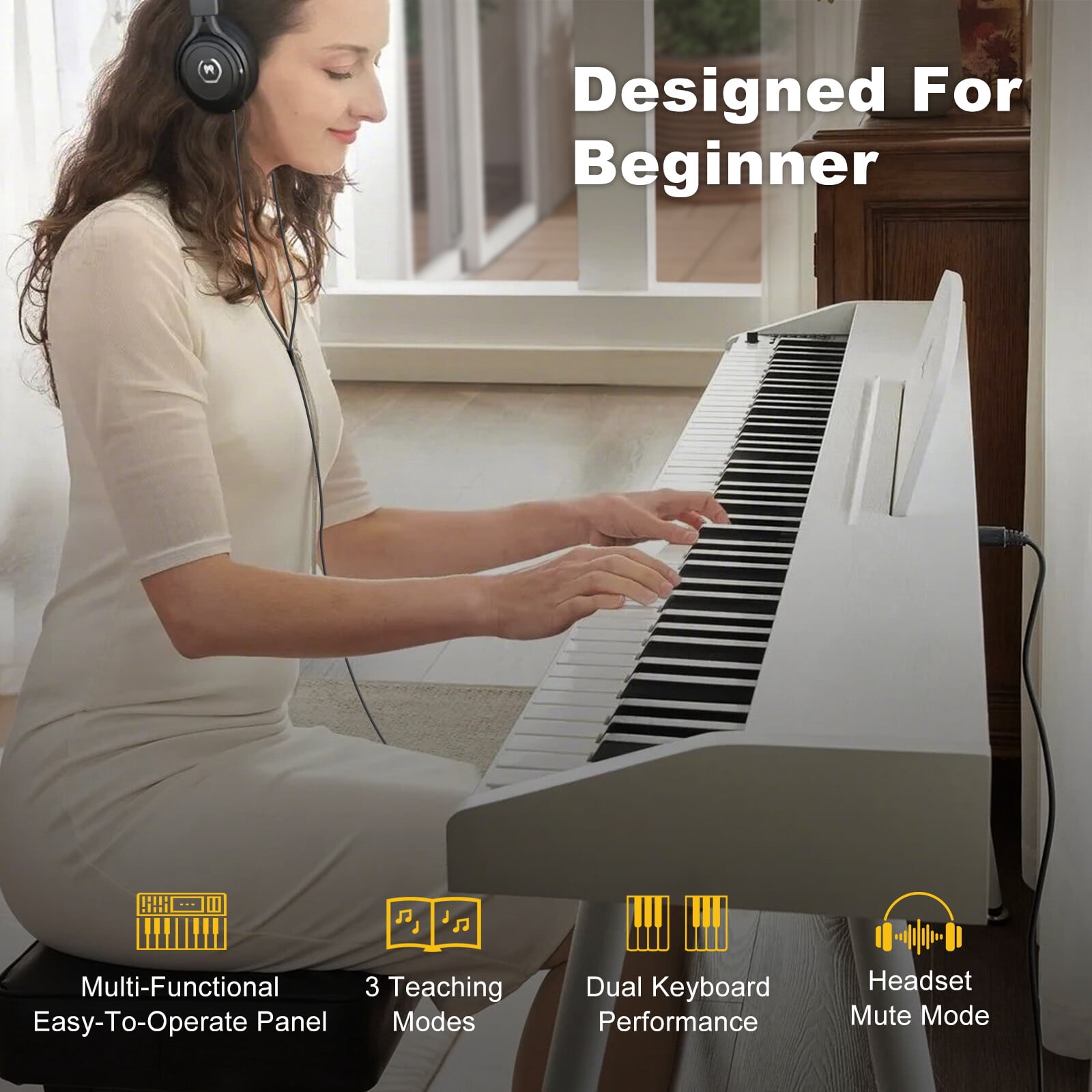 MUSTAR Full Size 88 Keys Semi Weighted Digital Piano Portable Electric Dual Keyboards USB/MIDI with Bench,Triple Pedal,4 Legged Stands(White)