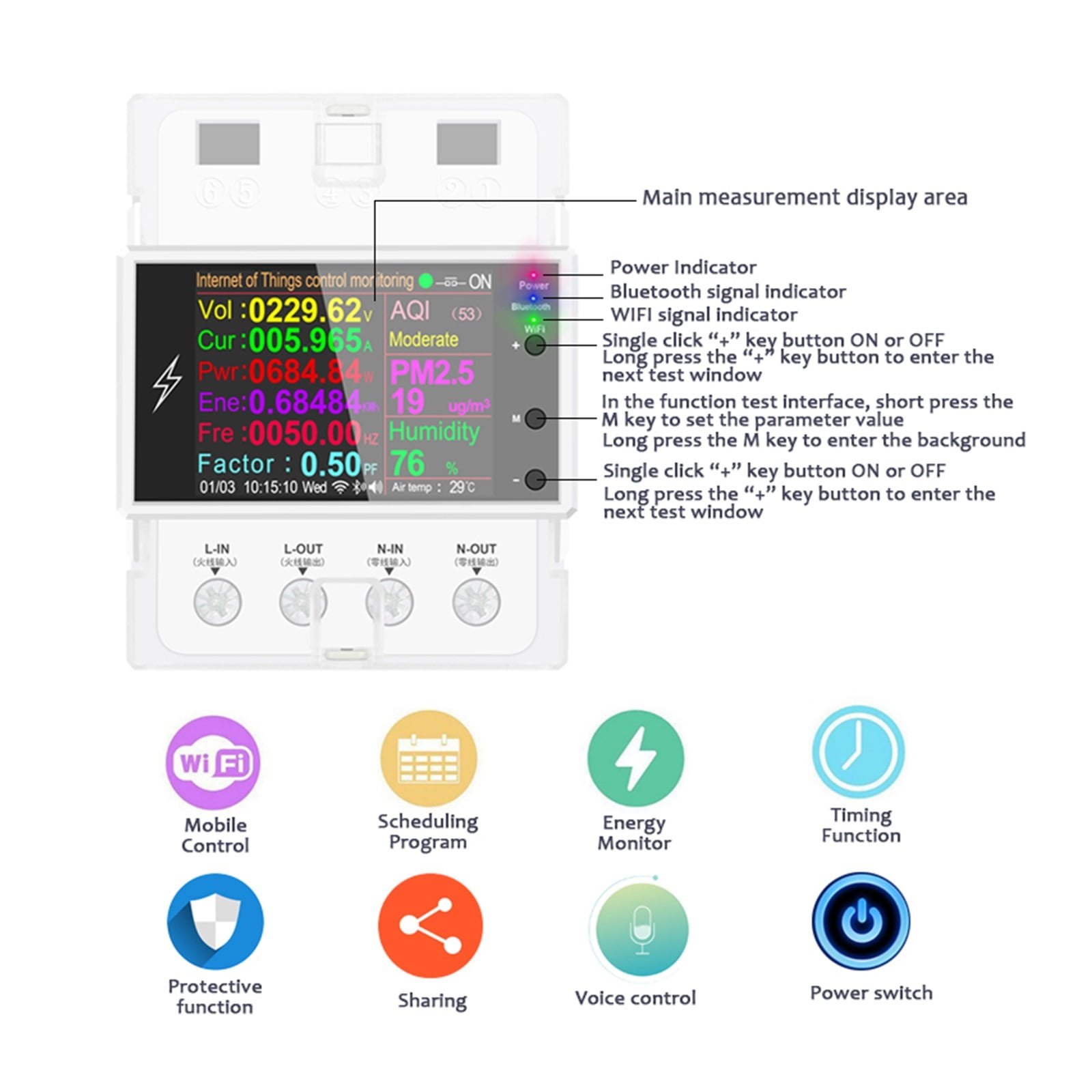 AT4PW 100A Tuya WIFI Din Rail Smart Switch Remote Control Digital Power Energy Volt Amp Kwh Frequency Factor Meter Smart Energy Meter Timer ,Overload Protection