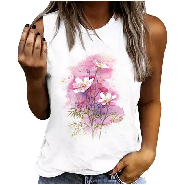 Débardeurs pour Femmes Col Rond Coupe Ample Basique Imprimé Blouse Décontractée Été Sans Manches Tunique d'Entraînement