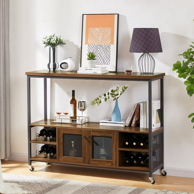 Rustic Kitchen Island Cart, Modern Wine Bar Cabinet Narrow Console Table with Open Top Shelf and Storage Compartment, Entryway Sideboard with Metal Legs for Living Room or Kitchen, Brown