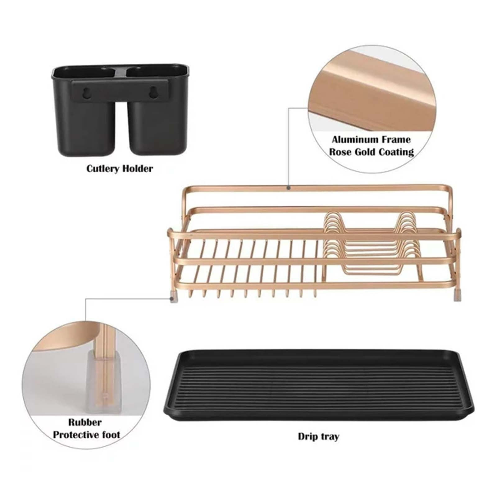 Huayishang Dish Drying Rack Aluminum Dish Drying Rack Counter Rustproof Dish Storage with Cutlery Holder Removable Drainer Tray Rose Gold, Kitchen Essentials Clearance Sale Gold