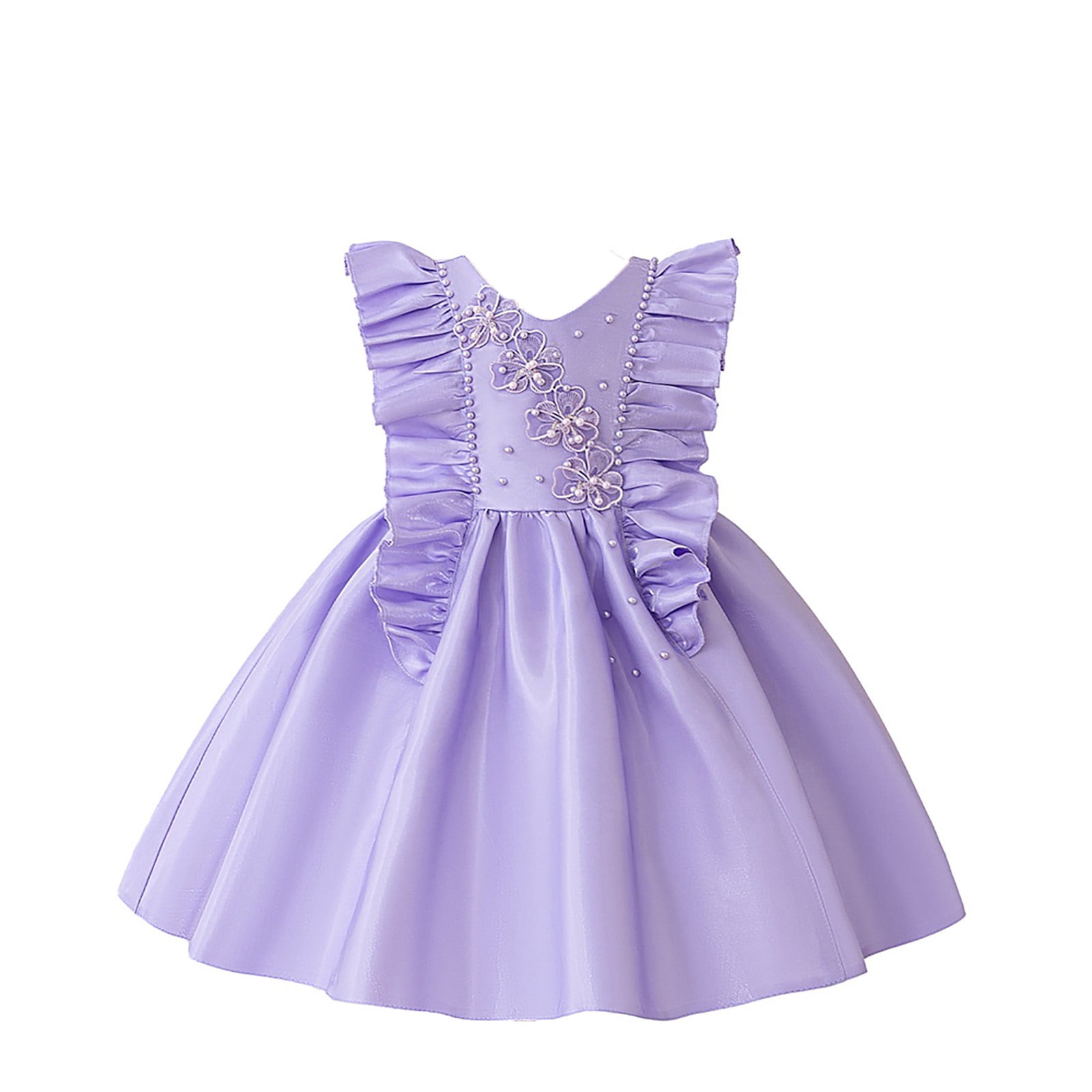 Wdgfv Girls Flutter Sleeve Beaded Dress Casual Party Wear Toddler Kids School Outdoor Comfortable Stylish Outfit Purple 3-4 Years