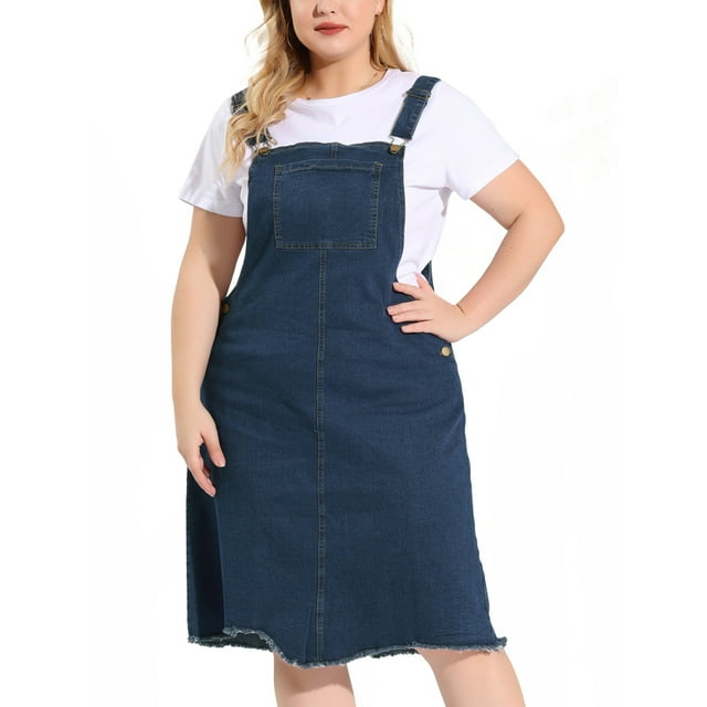 Women's Plus Size Overall Dresses Frayed Adjustable Strap Irregular Hem Denim Dress Navy Blue 4X