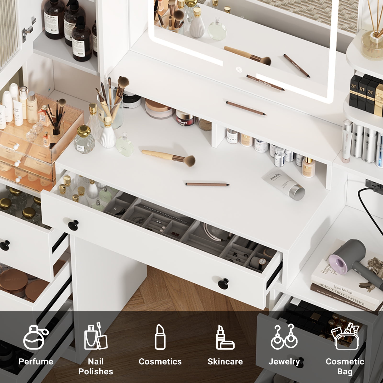 IDEALSOUL Vanity with Lights and Mirror,White Vanity Desk with 7 Drawers for Bedroom Dressing Room 3 Lighting Color Adjustable