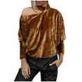 thumbnail image 2 of Spring Tops for Women Homenesgenics Velvet Tops for Women Fashion Women Pullove Skew Collar Solid Long Sleeve Casual Shirt Blouse Tops/Brown M, 2 of 7