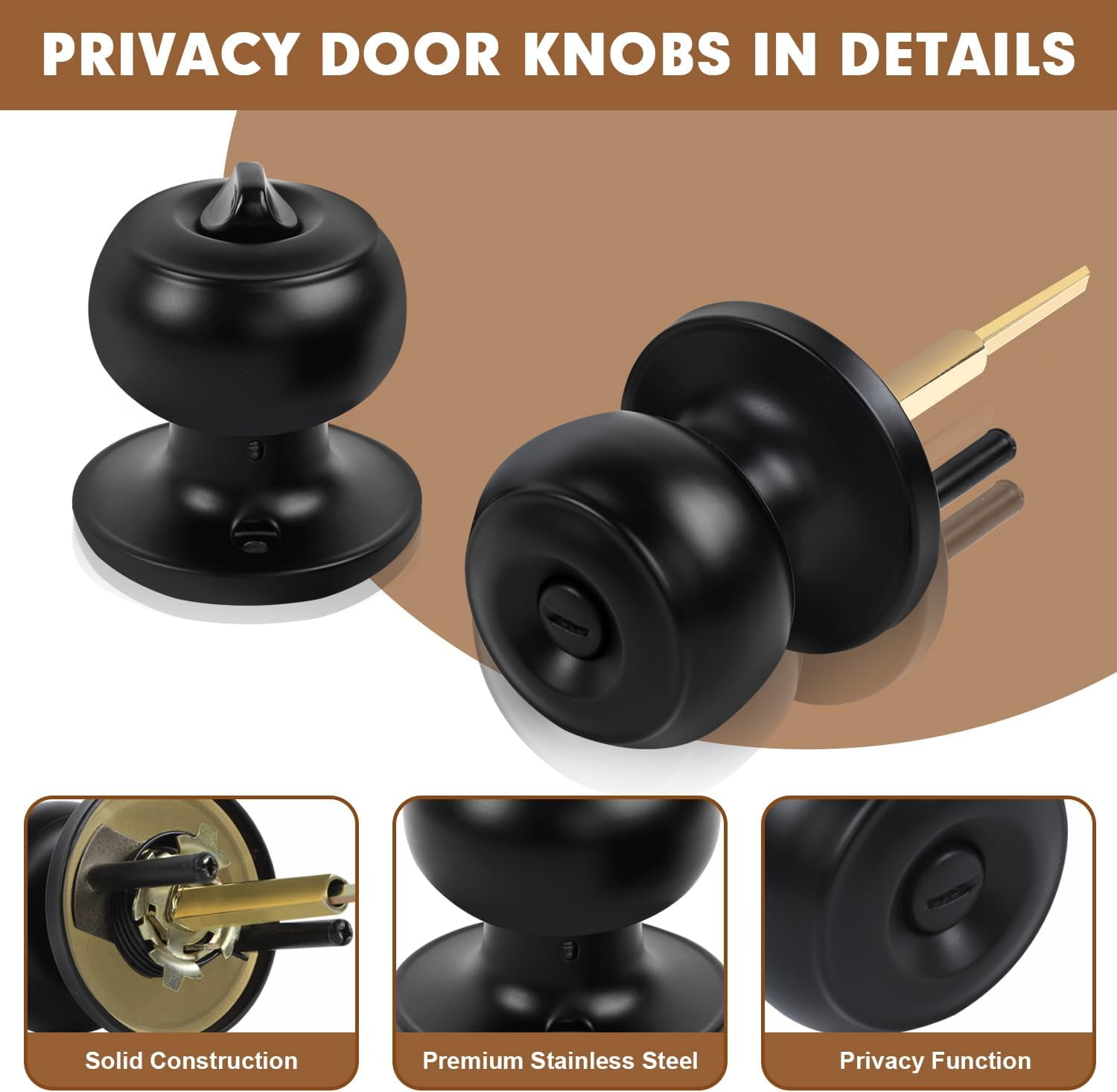 Privacy Door Knobs, 10 Pack Matte Black Door Knobs with Lock, Bed and Bath Door Knob Interior Keyless Locksets, Round Door Handles Reversible for Left Right Handed Doors