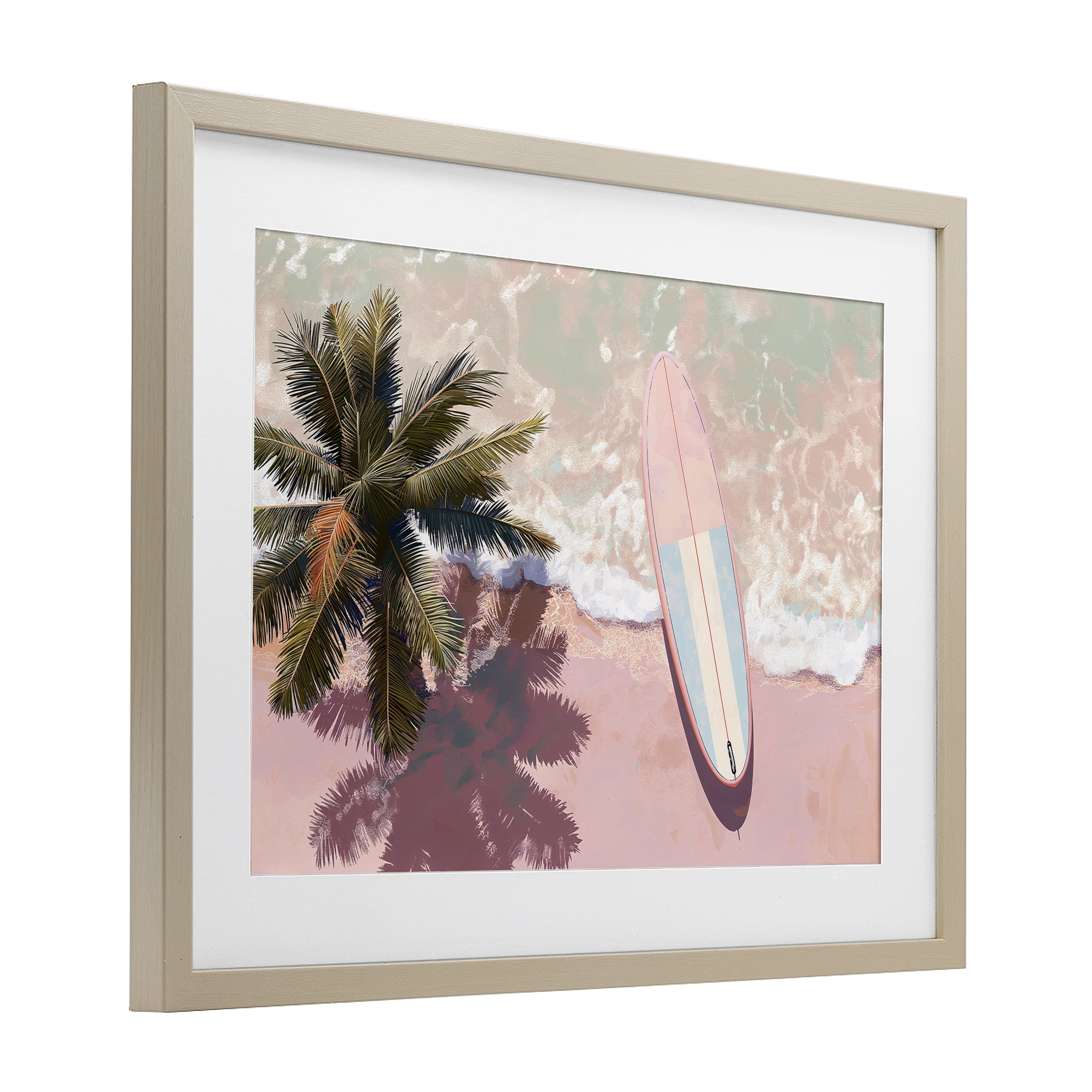 Stupell Industries Blush Pink Surfboard & Palm Birch Framed Print Under Glass, design by Jacky Ngan