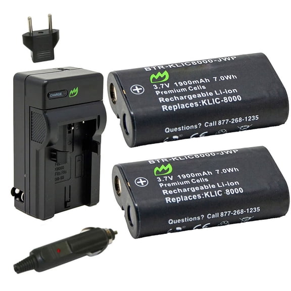 Replacement for Kodak KLIC-8000 Battery (2-Pack, 1900mAh) and Charger with Car Adapter