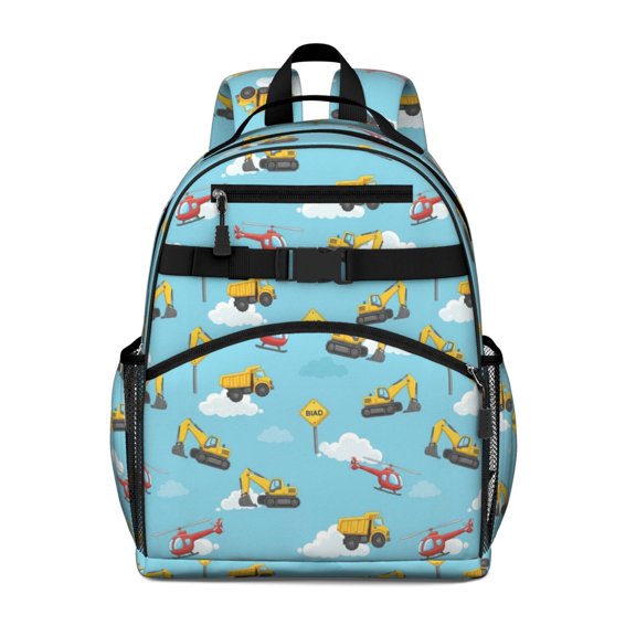 Excavator and Helicopter Blue Pattern Cute School Backpack Bag for School with Padded Back and Adjustable Shoulder Straps 15.25"x11.5"x5.25"