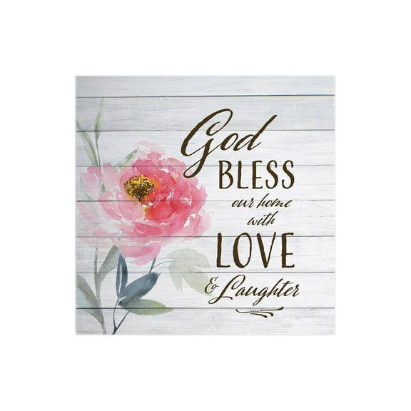 Bless Home Love Laughter Pink Floral 12 x 12 Wood Wall Sign Plaque