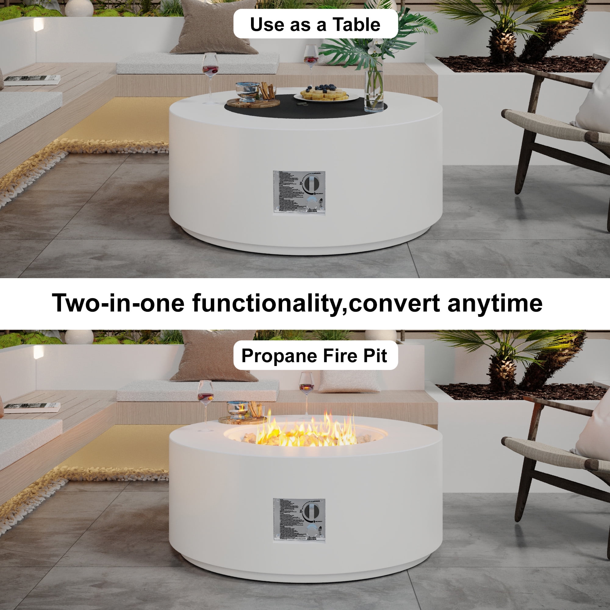 HongTaoK 32.5" Round Propane Fire Pit Portable Gray 50K BTU Outdoor with Lava Rocks, Preservative, White