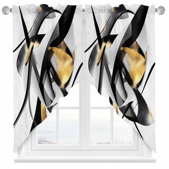Gold Black Line Swag Curtain Valance for Windows, Abstract Metallic Texture Window Treatments Short Swag Topper for Kitchen Windows Bathroom Bedroom, 36"x36"