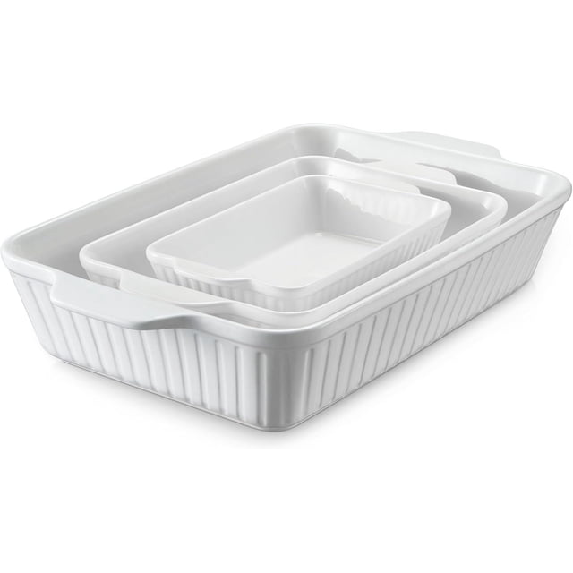 DOWAN Casserole Dishes for Oven, Baking Dishes Set, Ceramic Bakeware Sets of 3, Lasagna Pan Deep, Rectangular Baking Pan Set with Handles for Baking, Casserole, Kitchen, Wedding Gift, White