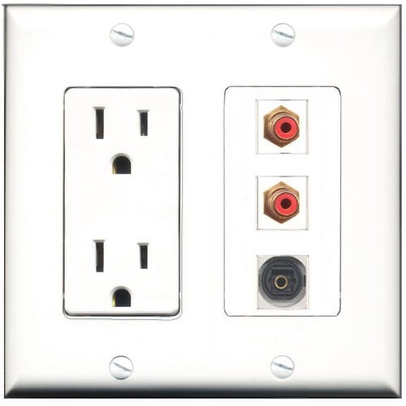 RiteAV - 15 Amp Power Outlet 2 Port RCA Red 1 Port Toslink Decorative Wall Plate