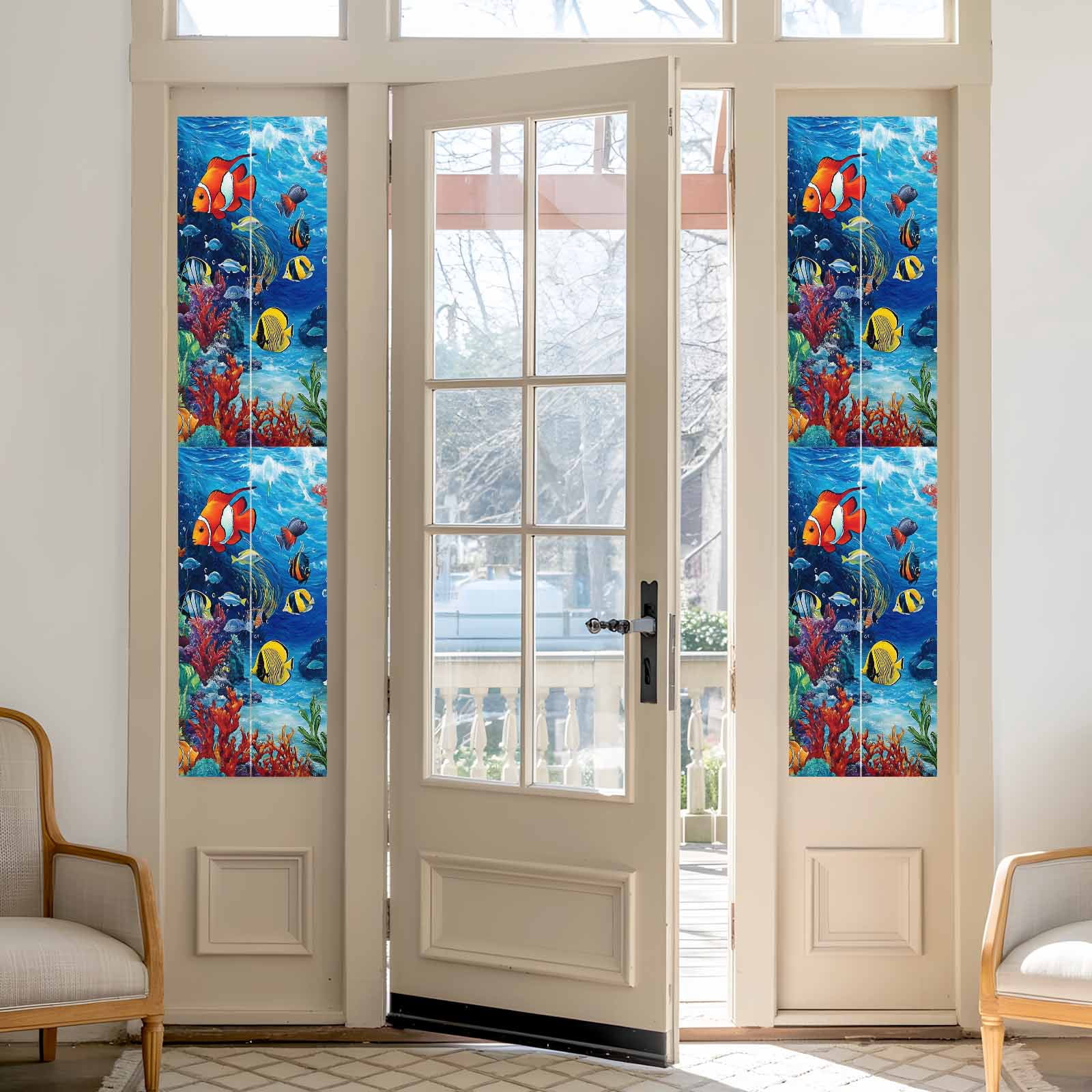 Ocean Underwater Window Privacy Film World Tropical Fish Coral Color Marine Life Decorative Glass Window Film UV Blocking Static Cling Non-Adhesive Sticker Covering for Home Door 17.7 x 78.7 inches
