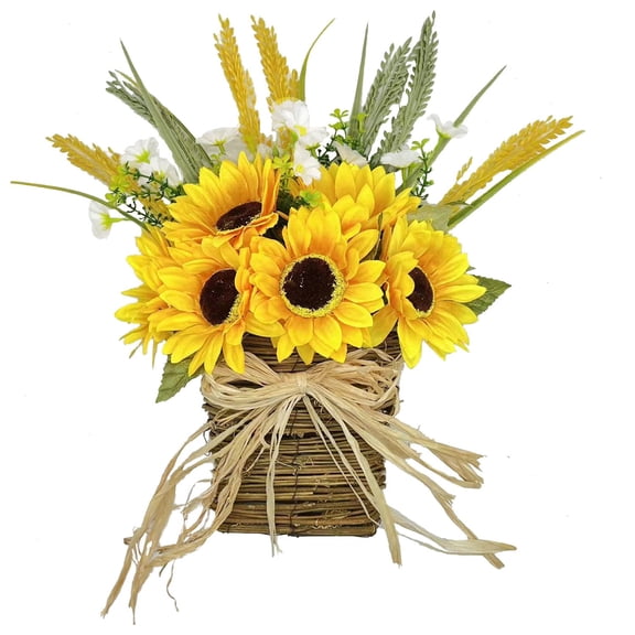 15.7 Inch Artificial Sunflower Basket Wreath with Silk Bow, Rattan Hanging Floral Door Decor, All Season Farmhouse Wreath for Porch Wall Indoor Outdoor Home Holiday Decor