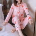 thumbnail image 4 of Woman Pajamas Spring Autumn Girls Lapel Lovely Peach Pattern Homewear Suit Long Sleeves Tops+ Trousers Nighty Set, 4 of 8