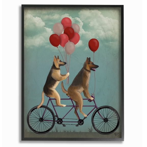 the stupell home decor collection german shepard dogs on bicycle with balloons oversized stretched canvas wall art, 24 x 1.5 x 30