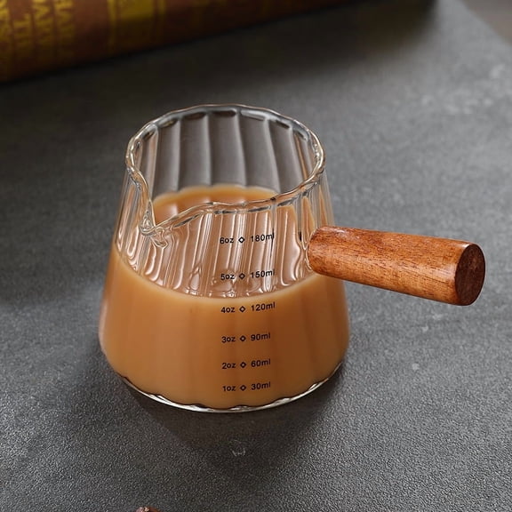 1/2pcs Coffee Cup with Wood Handle 180ml Clear Scale Espresso Shot Glass with V-Shaped Mouth Single Milk Frother Measuring Cup