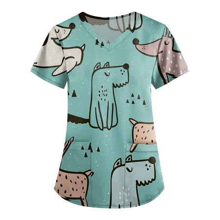 

TQWQT Scrubs_ Tops for Women Professionals V-Neck Nurse Uniforms Summer American Flag Print Working Shirts Short Sleeve Mint Green L