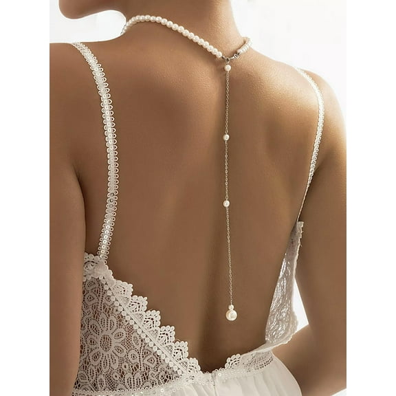 EOEMY Pearl Decor Open Back Necklace For Women Jewelry For Women Gift For Her Necklace-Default