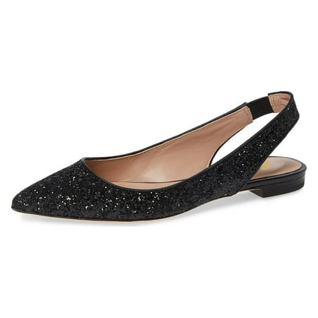 YDN Women Sexy Pointed Toe Elastic Strap Slingback Sandals Low Heel Slip On Flats Shoes Party Shopping Dress Size 5 Glitter Black