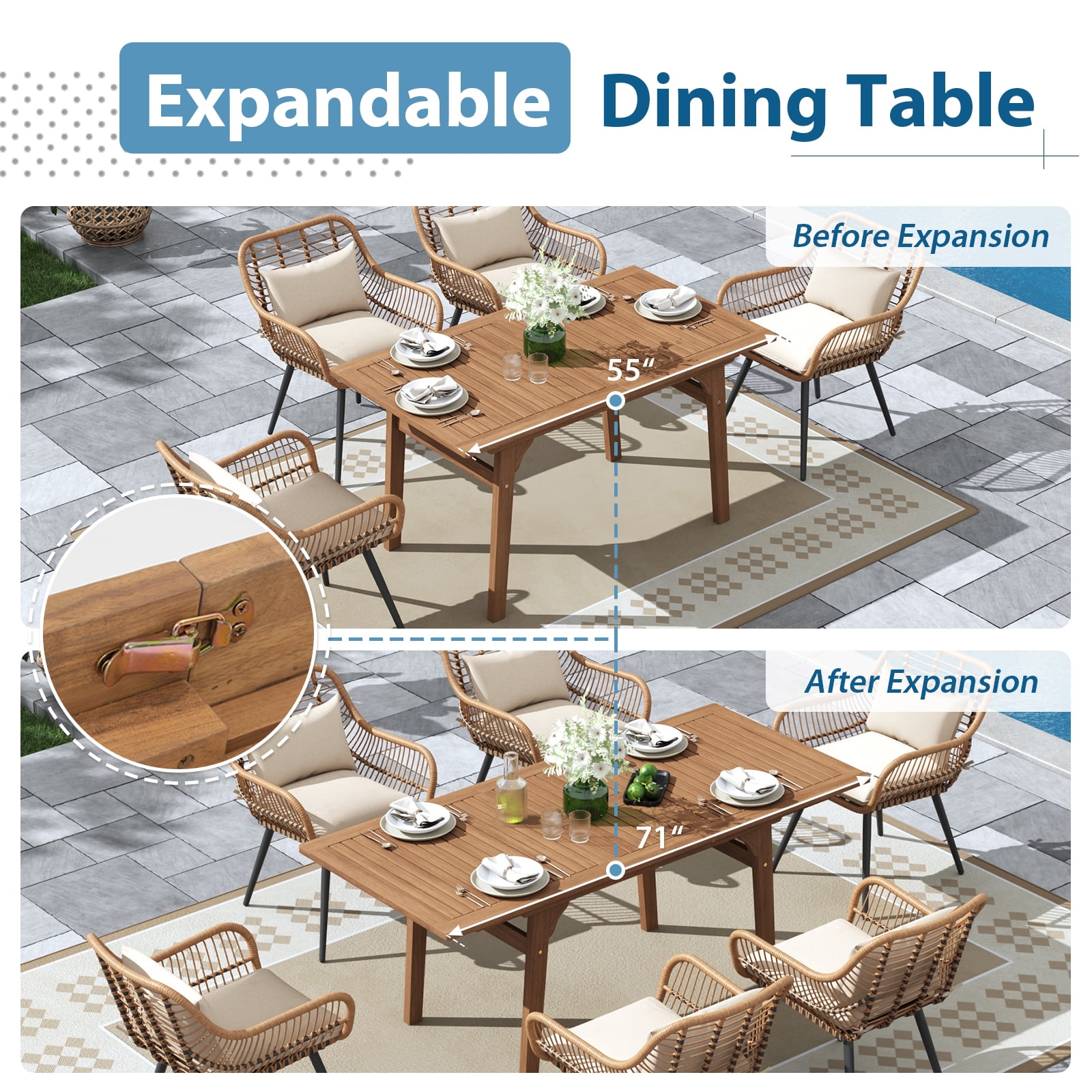 Outdoor Dining Set for 6, Extendable Wooden Table with Wicker Patio Chairs, 7-Piece Patio Outdoor Furniture Set for Deck, Garden, Backyard, Creamy White