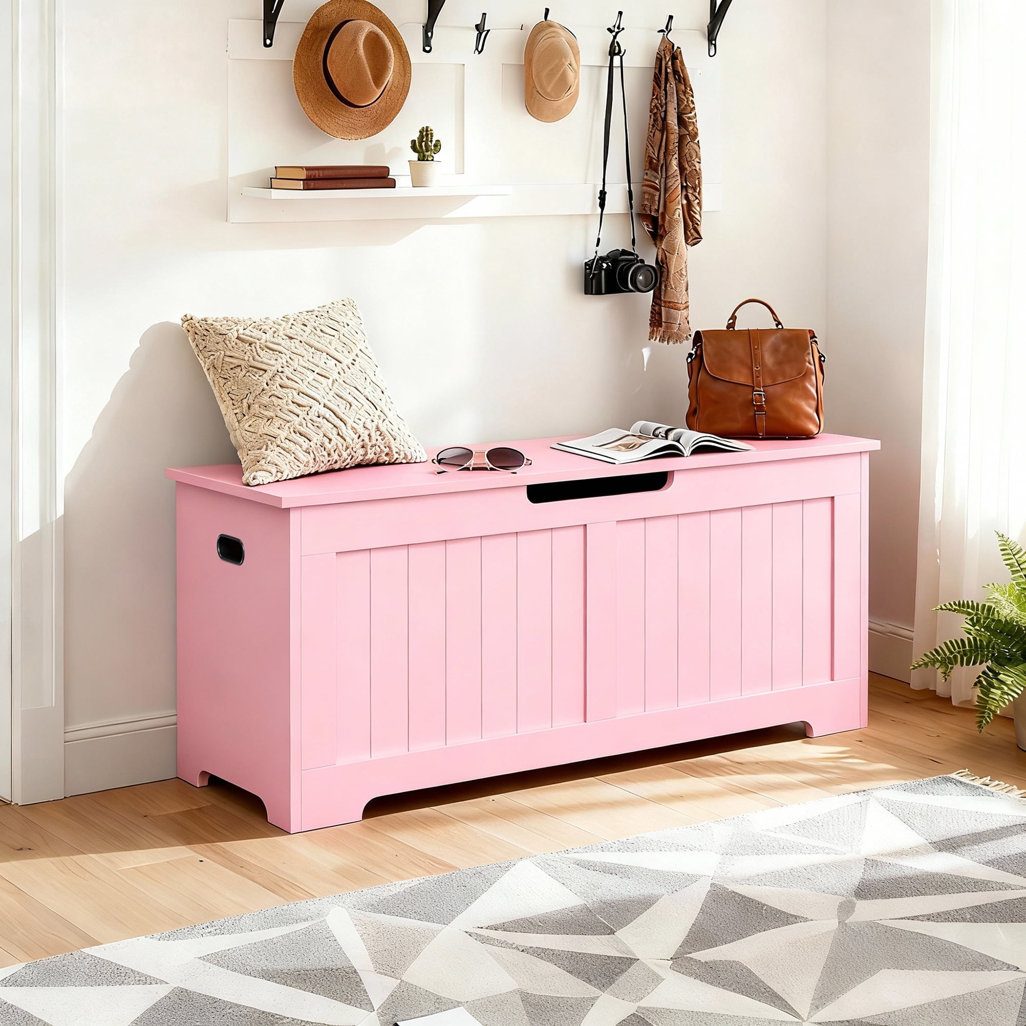 SuperDeal Wooden Storage Chest Box W/Safety Hinge, 39.4 in Large Storage Organizer Shoe Bench for Home Entryway, Bedroom, Pink