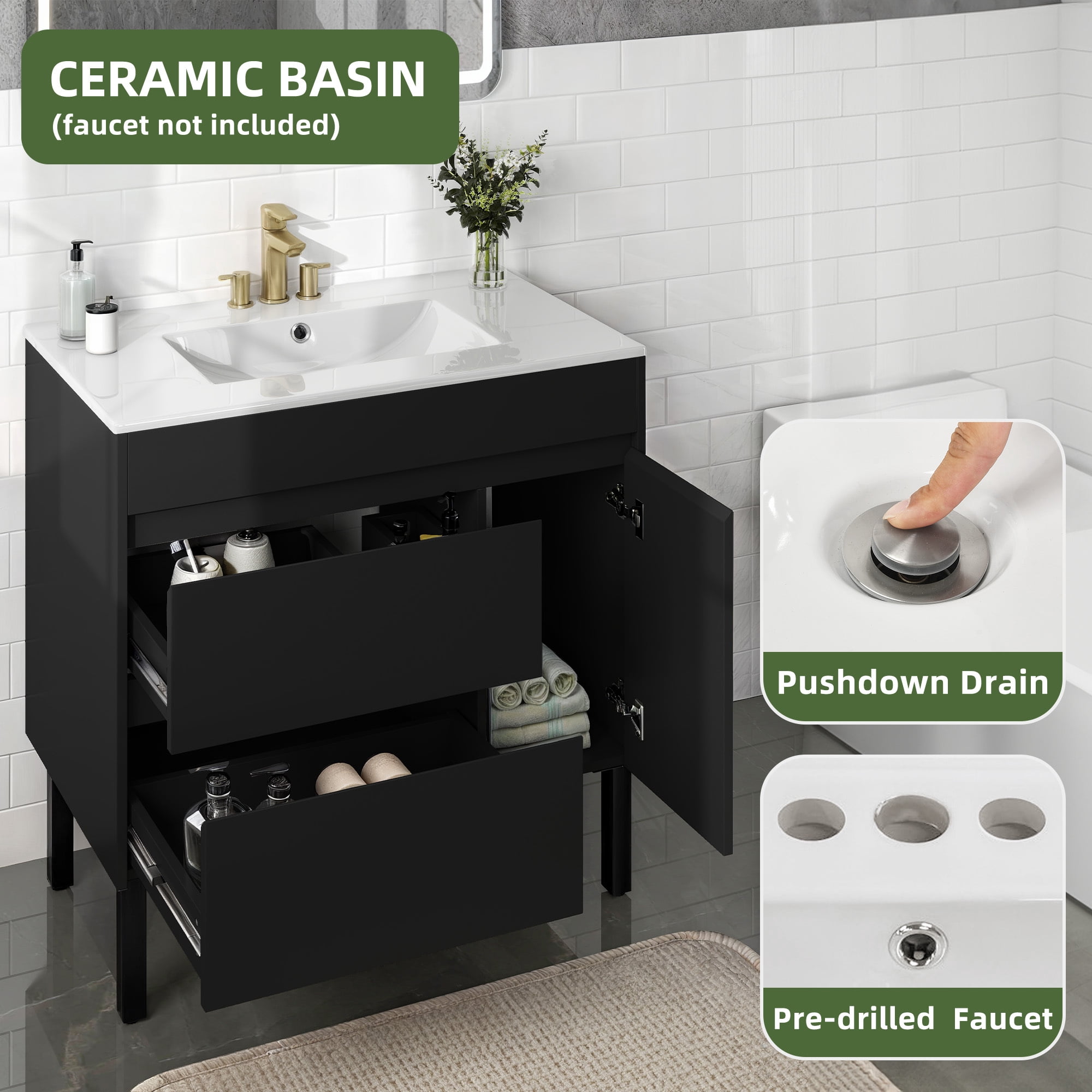 Uforic 36 Inch Bathroom Vanity with Sink, Freestanding Storage Bathroom Vanity for Media Space, with 1 Soft Closing Cabinet & 2 Drawers, Black, Mid-Century Modern