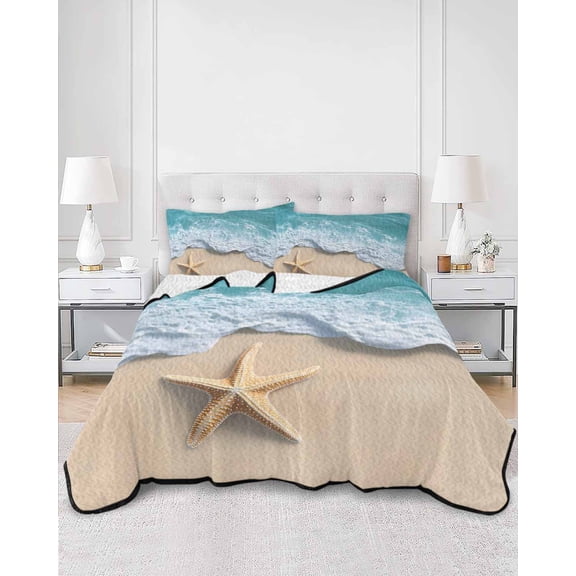 Quilts King Size, Teal Coastal Soft Comforter Bedding Set for Bed, Summer Beach Starfish Nautical Seaside Lightweight Quilted Bedspread with Pillow Cover(2 Pieces) for All Season, 96x106 Inch