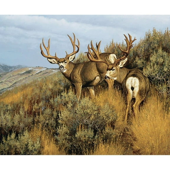 36" X 44" Panel Majestic in Nature Deer Bucks Hills Bushes Antlers Landscape Riley Blake Cotton Fabric Panel (PD15981)