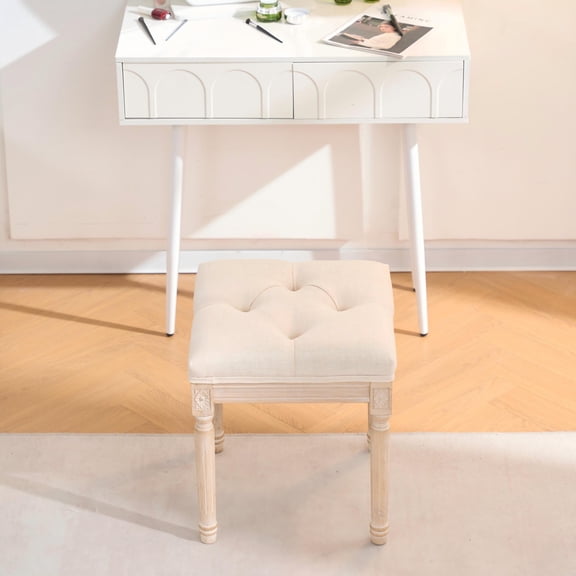 YIYADO French Style Bench, Linen Fabric Entry Bench, Upholstered Tufted Bedside Bench, Brushed Wood Legs, Beige