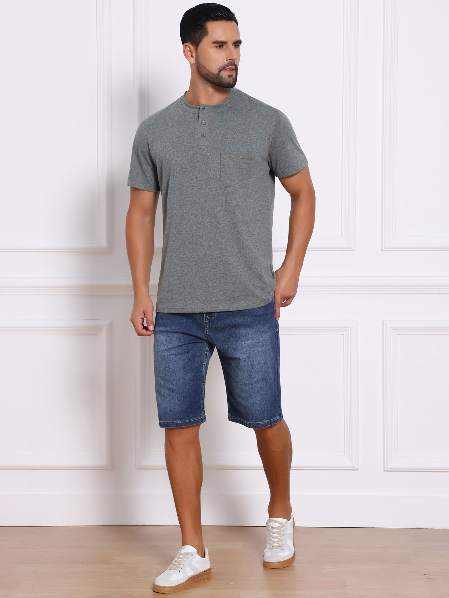DARING DIVA Men's Henley Crew Neck Short Sleeve Button Down T-Shirt S Gray