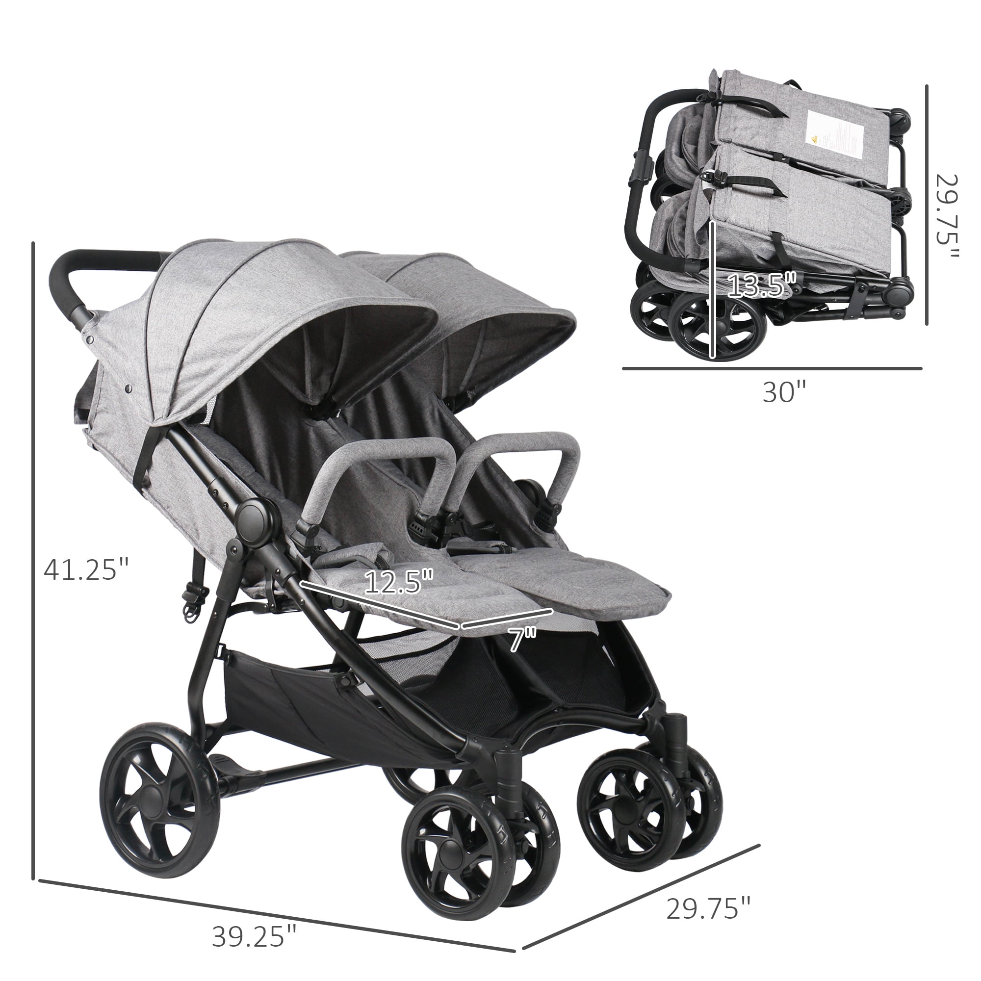 Qaba Side by Side Baby Double Stroller for Toddlers Twin Pushchair with Adjustable Backrest Foot Holder Canopy Safety Harness and Storage Basket Shock Suspension Grey Walmart