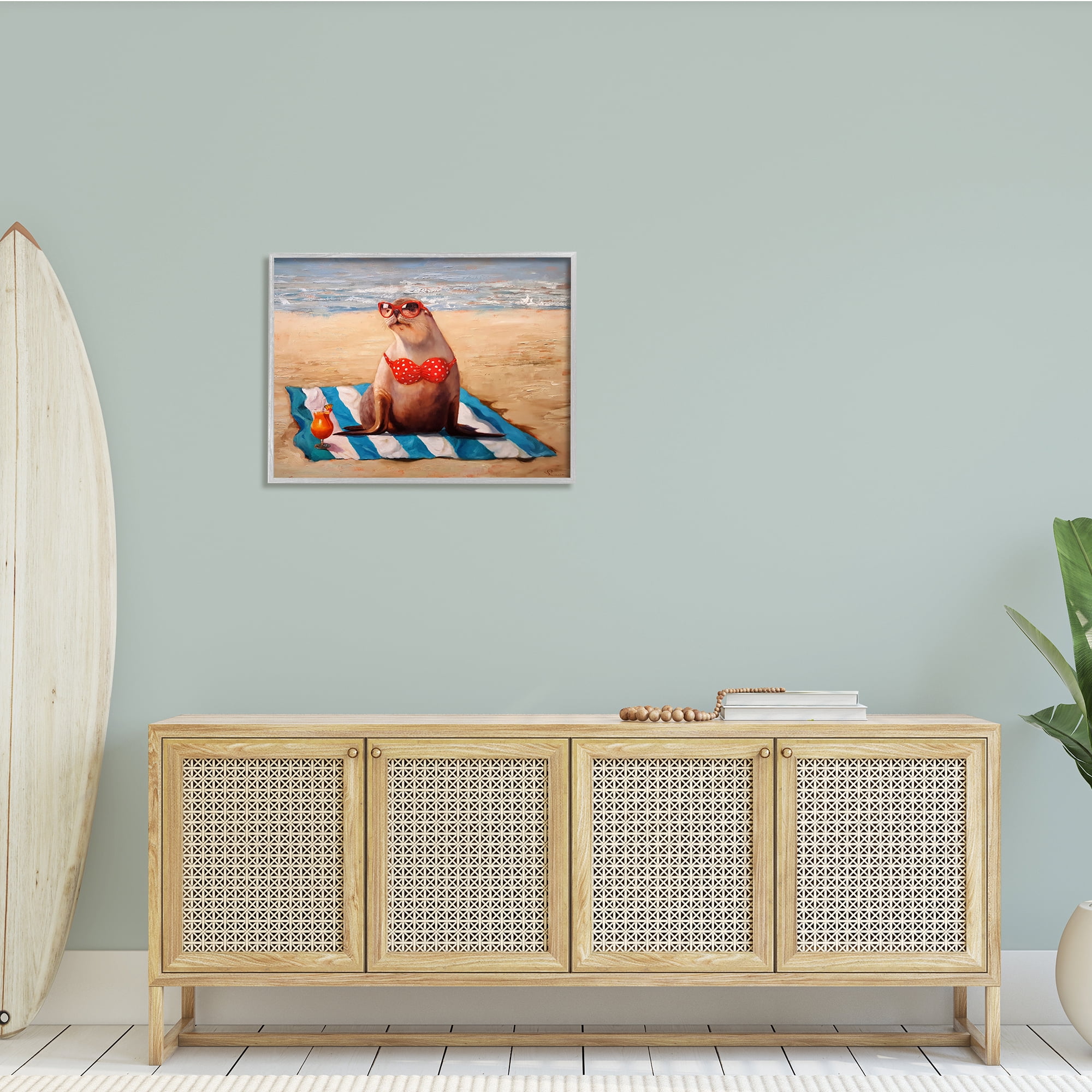 Stupell Industries Polka Dot Bikini Sea Lion Tropical Drink Beach Scene, 30 x 24, Design by Lucia Heffernan