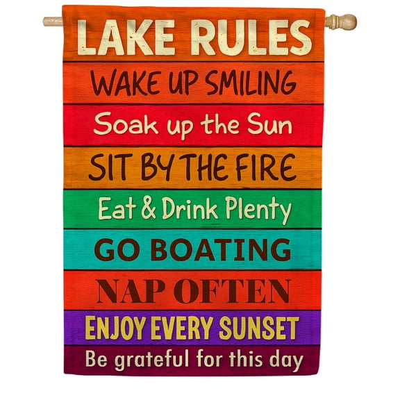 America Forever Lake Rules House Flag, 28 x 40 inch Double Sided, Colorful Wood Sign, Lake House Decor, Summer Boating Flag, Lakeside Vacation Outdoor Yard Flag