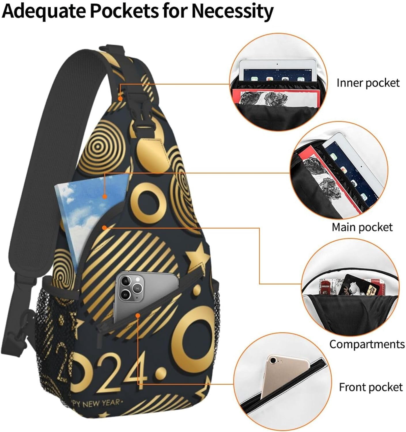 Happy New Year 2024 Sling Bag Crossbody Hiking Travel Chest Bags Backpack Shoulder Daypack for Women Men